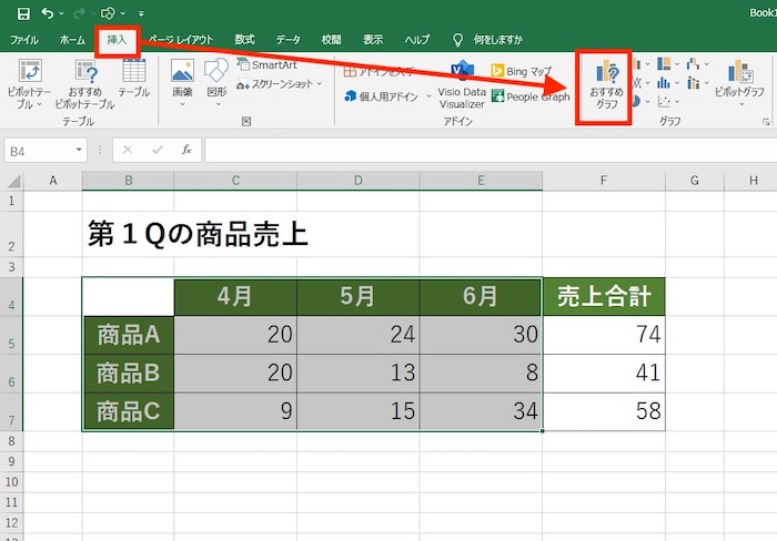 挿入タブからグラフを選択